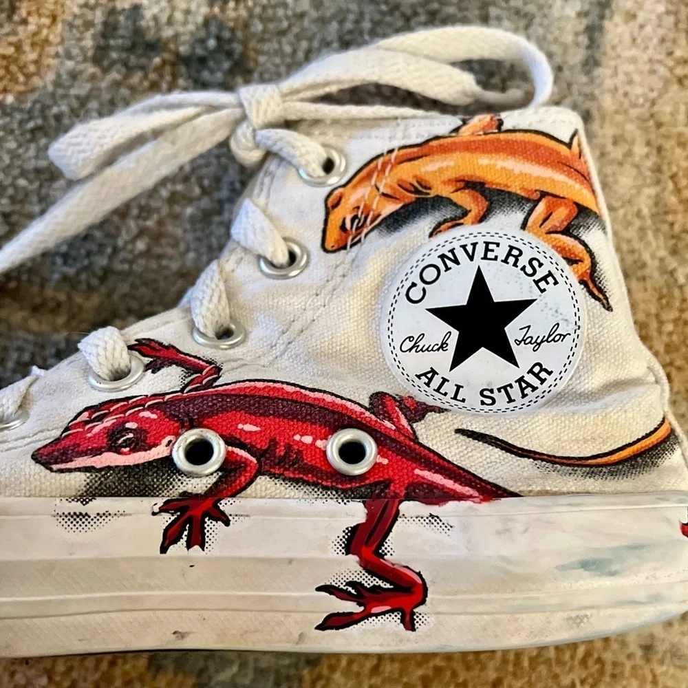 CONVERSE  All Star Kid White Blue High-Top Lizard Gecko Laces Shoes 13